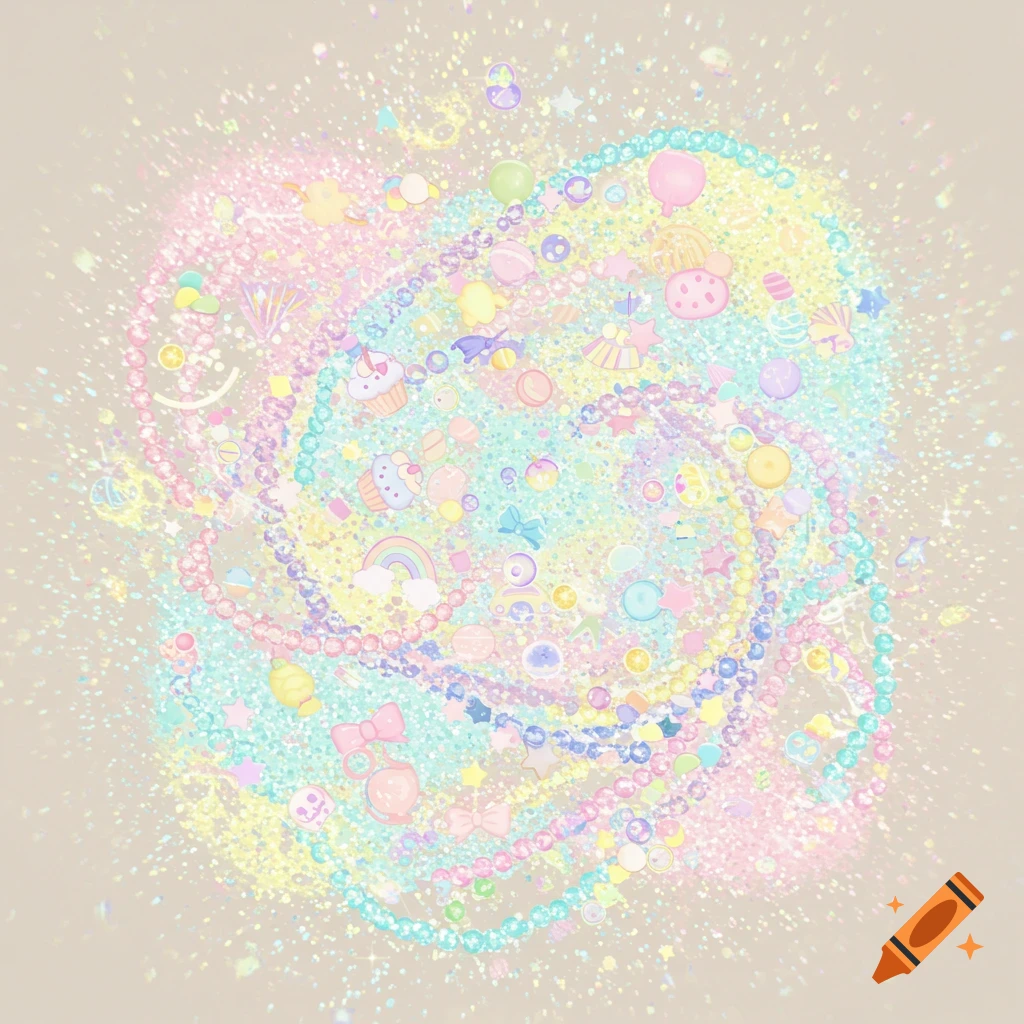 A vibrant pastel glitter pattern featuring a spiral of beads, cupcakes, rainbows, stars, and bows on a light background.