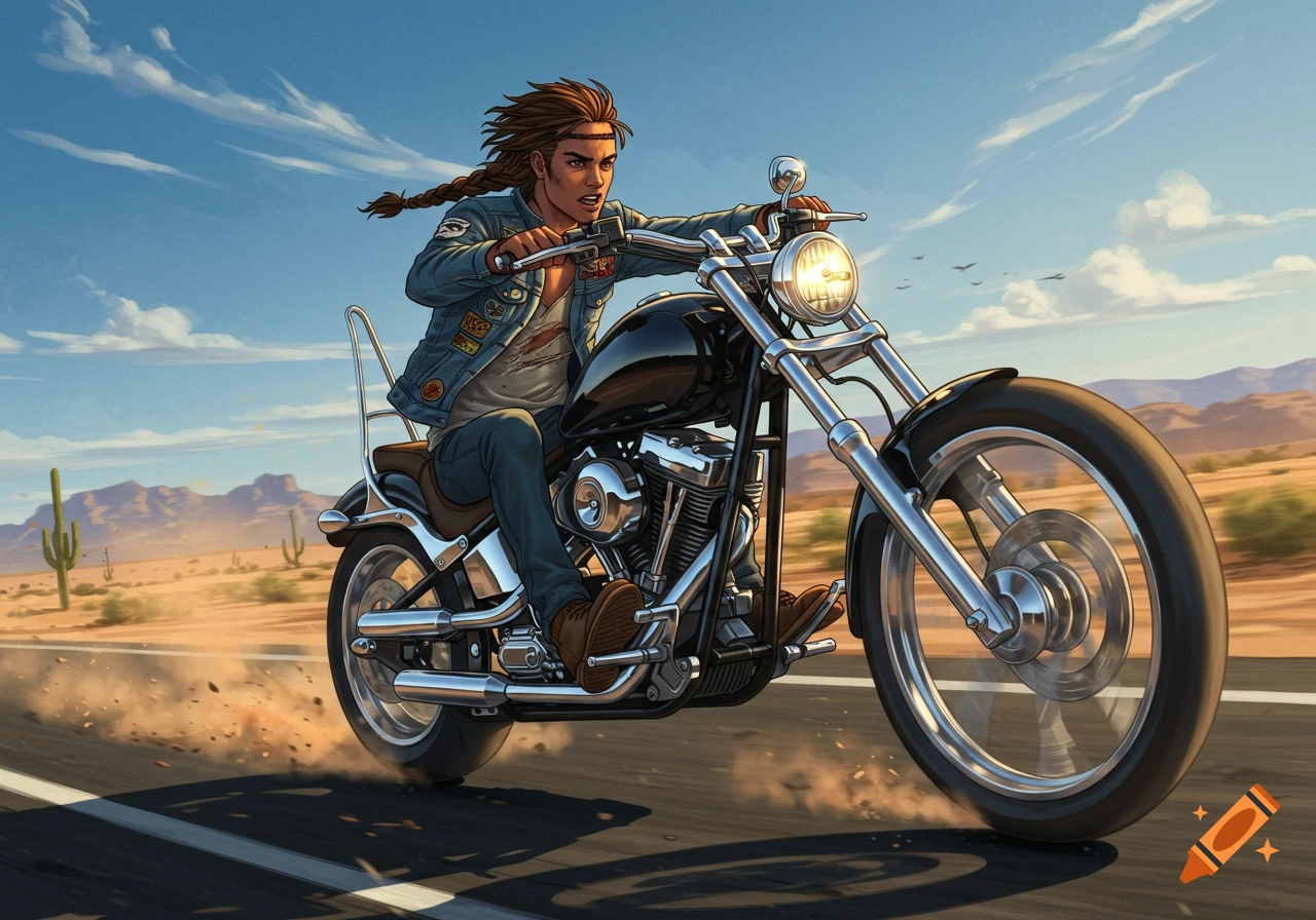 A rugged young male with a braid ponytail rides a black chopper motorcycle on a desert road, kicking up dust under a blue sky.