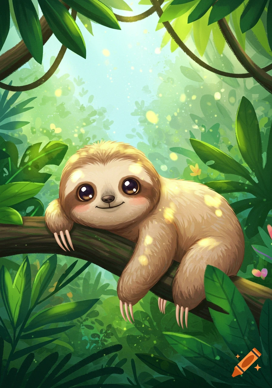 A cute cartoon sloth with big eyes rests on a tree branch in a lush green jungle.
