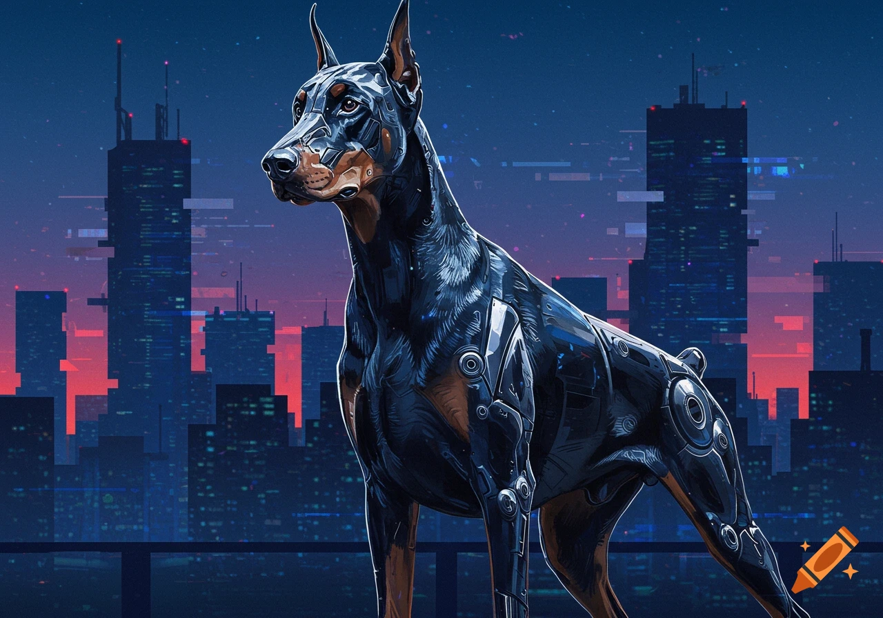 A futuristic black and brown doberman, with chrome robotic features, stands in front of a blue and red cyberpunk city skyline at night.