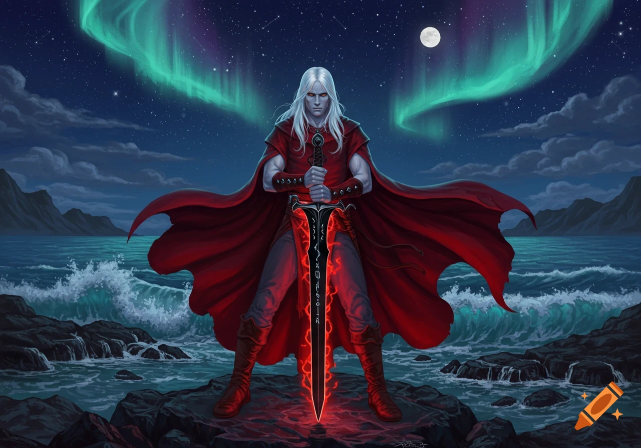 A pale-skinned man with long white hair and a red cape stands on rocks by a turbulent sea, holding a glowing red sword. The night sky above features a full moon and vibrant green aurora borealis.