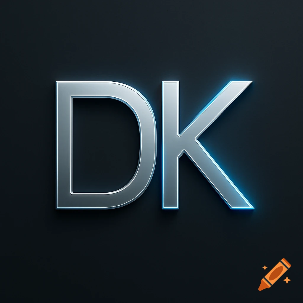 Modern metallic silver 'DK' initials with blue glowing accents.