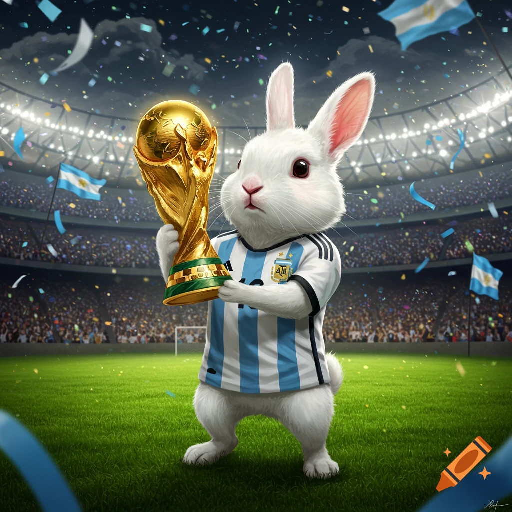 A white rabbit wearing an Argentina football jersey holds the World Cup trophy in a packed stadium.
