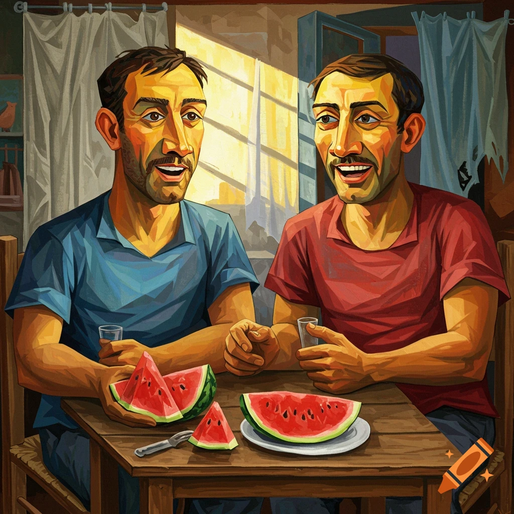 Two men in cubist style sitting at a table, eating watermelon.