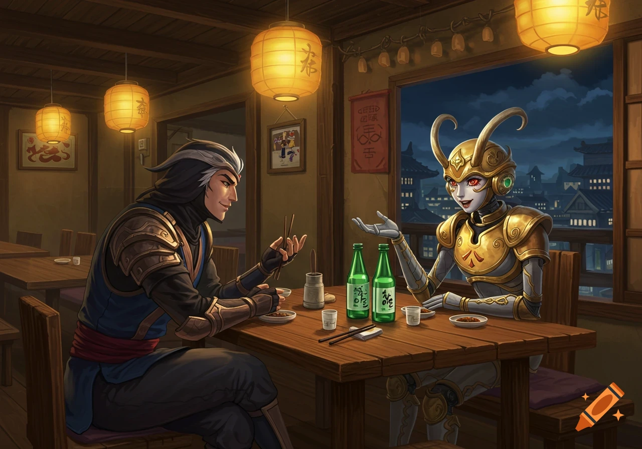 Shen and Orianna, League of Legends characters, sit at a table in a Ghibli-style Japanese restaurant, drinking soju at night.