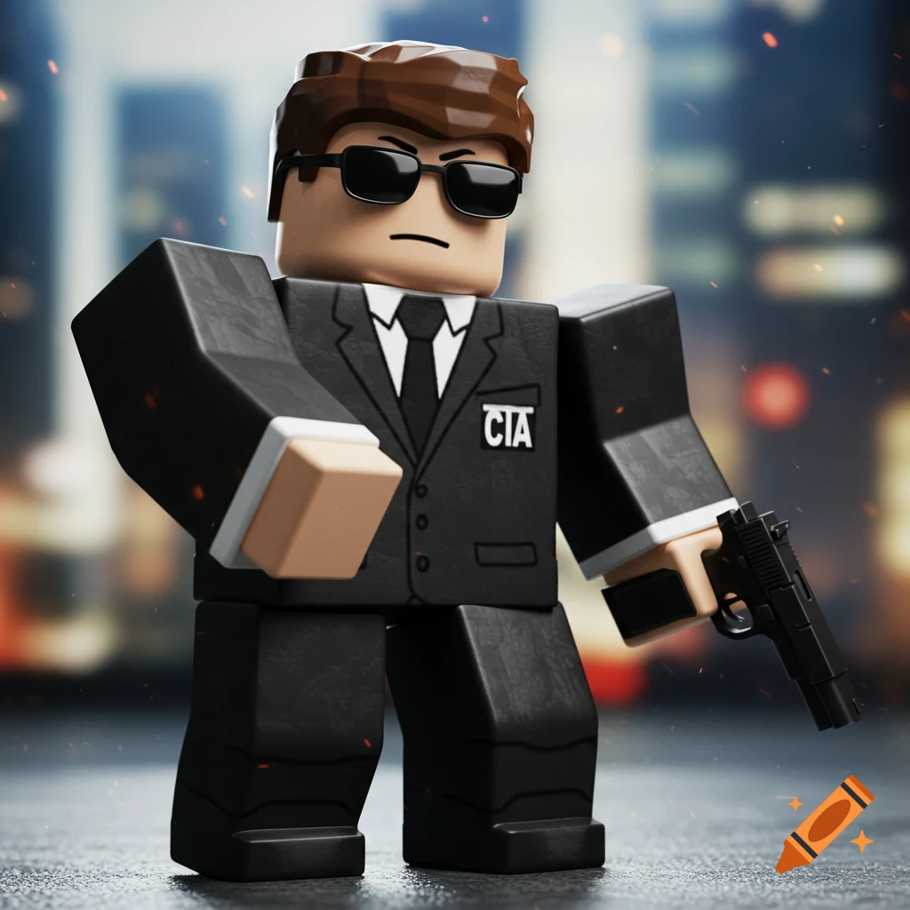 A realistic Roblox character dressed as a CIA agent in a suit with sunglasses and a gun, against a blurred city background.