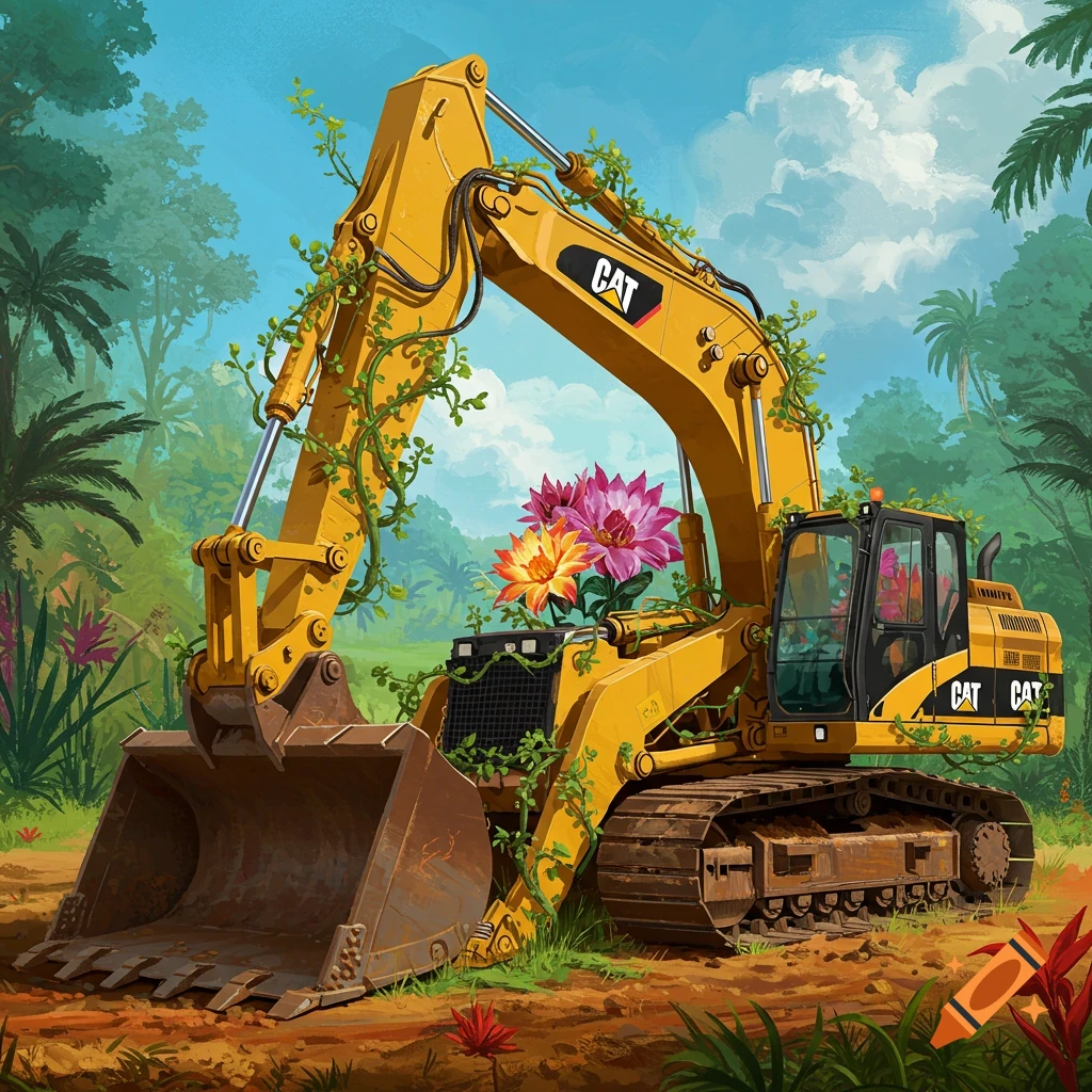 A yellow excavator covered in green vines and large colorful flowers in a lush jungle setting under a blue sky.