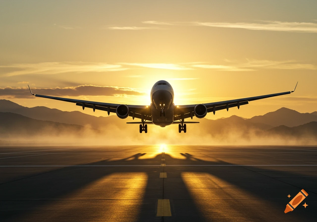A large airplane taking off or landing on a runway at sunset, with mountains in the background, photorealistic style.