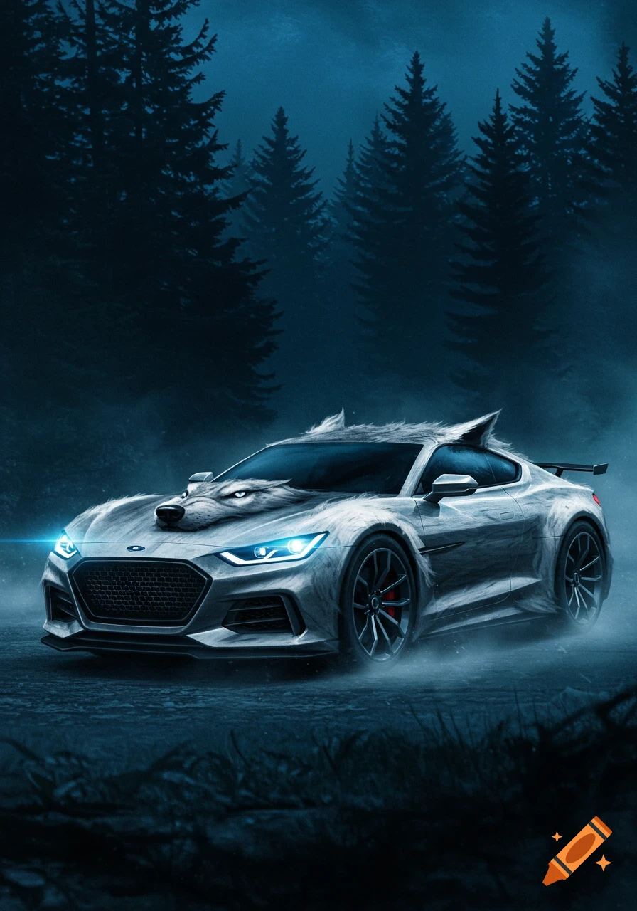 A silver car designed with a wolf's head and fur textures stands in a dark, misty forest at night with glowing blue headlights.