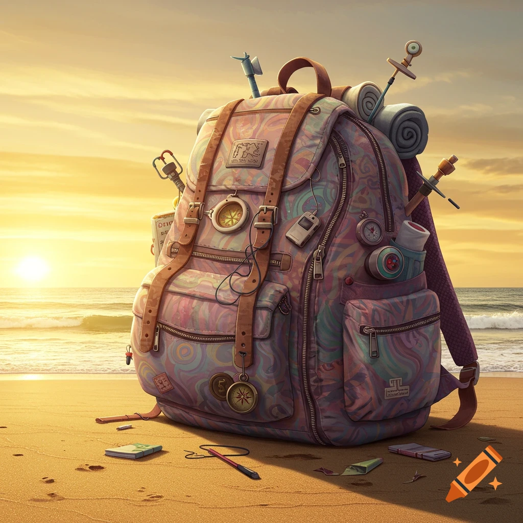 A colorful, whimsical backpack stands on a golden sandy beach at sunset, with ocean waves in the background.