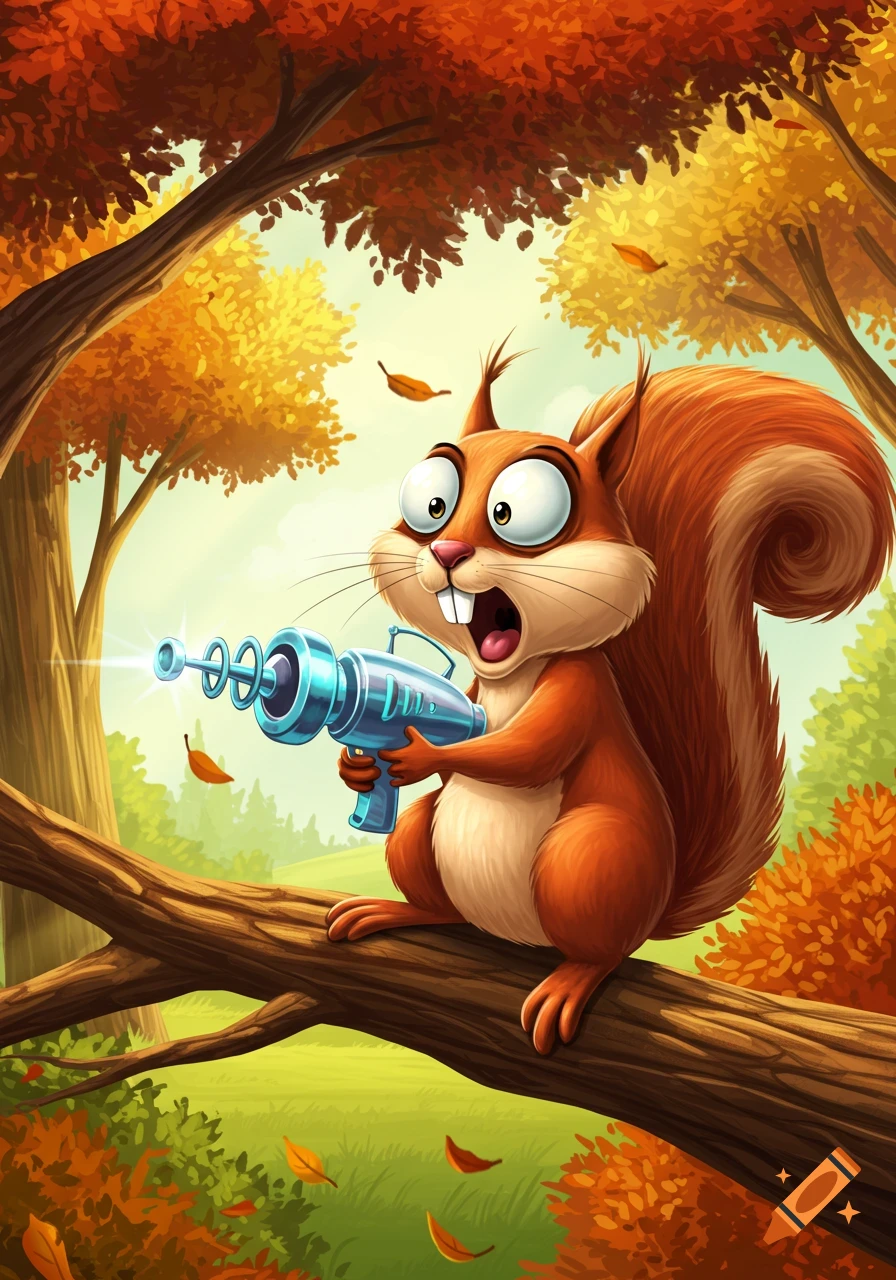 A wide-eyed cartoon squirrel with an open mouth holds a blue ray gun, sitting on a tree branch in a vibrant autumn forest.