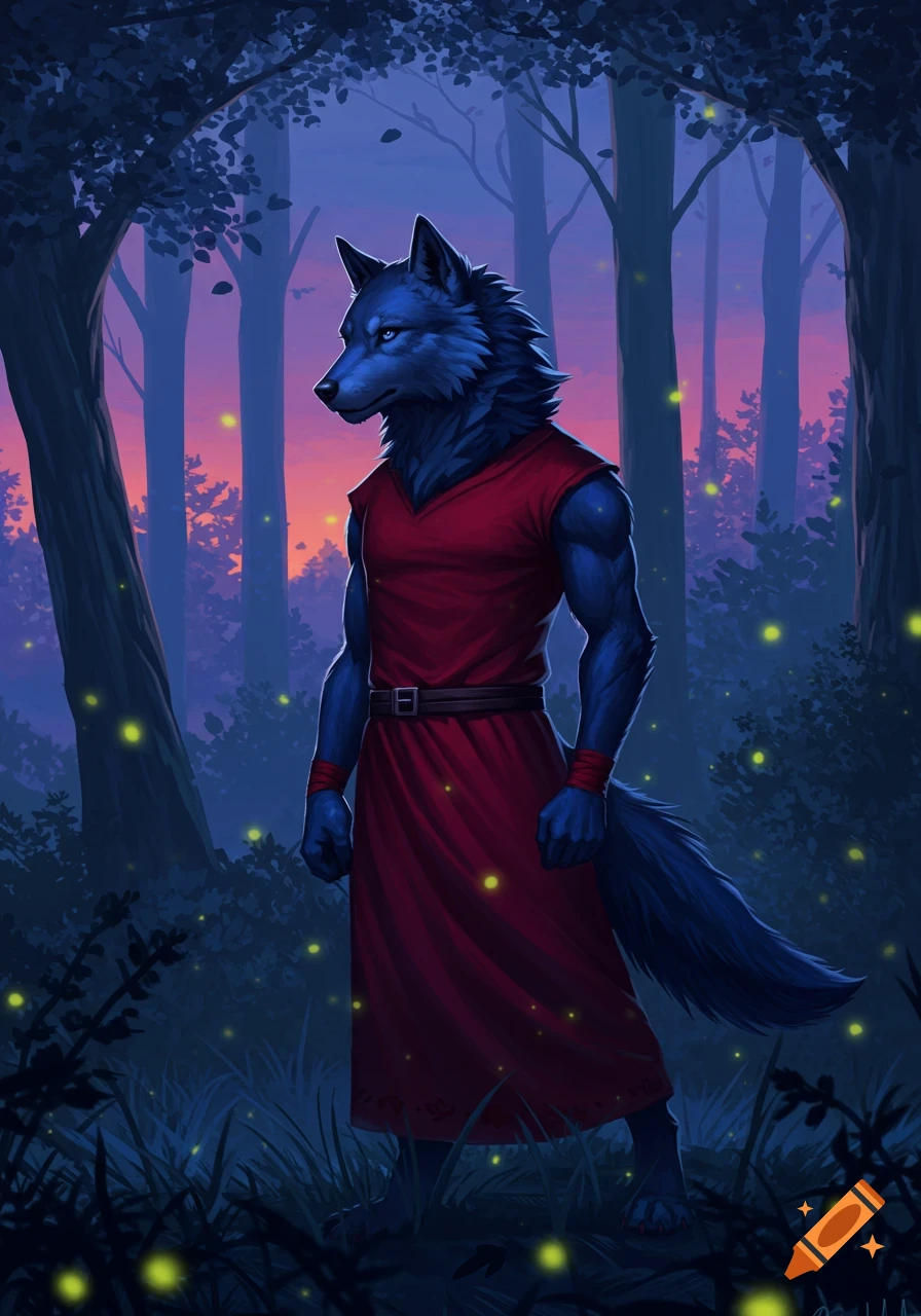 A blue anthropomorphic wolf in a red tunic stands in a dark forest with glowing fireflies at sunset.