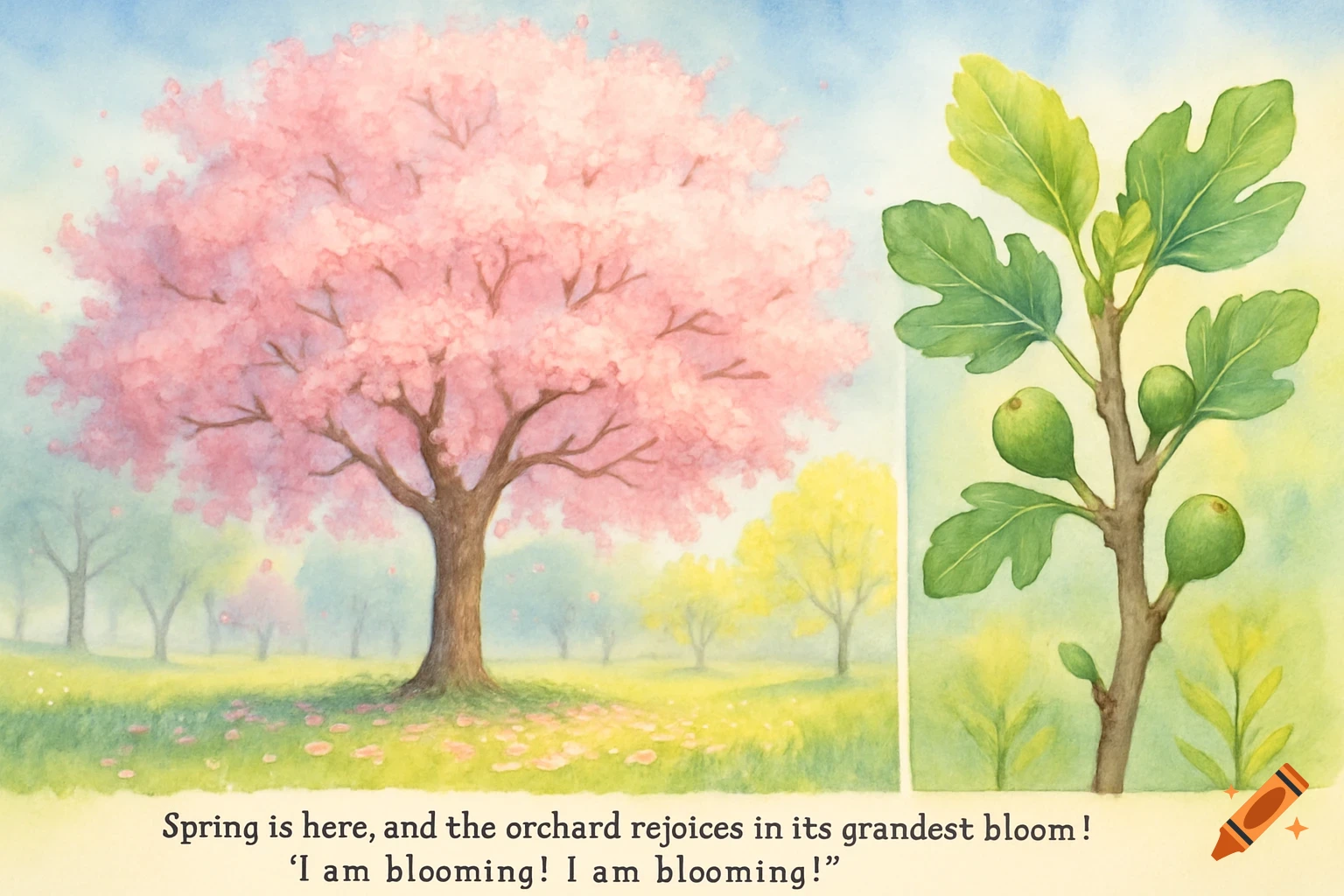 A watercolor illustration of a spring orchard with a large pink cherry blossom tree and a close-up of a fig tree with green figs.