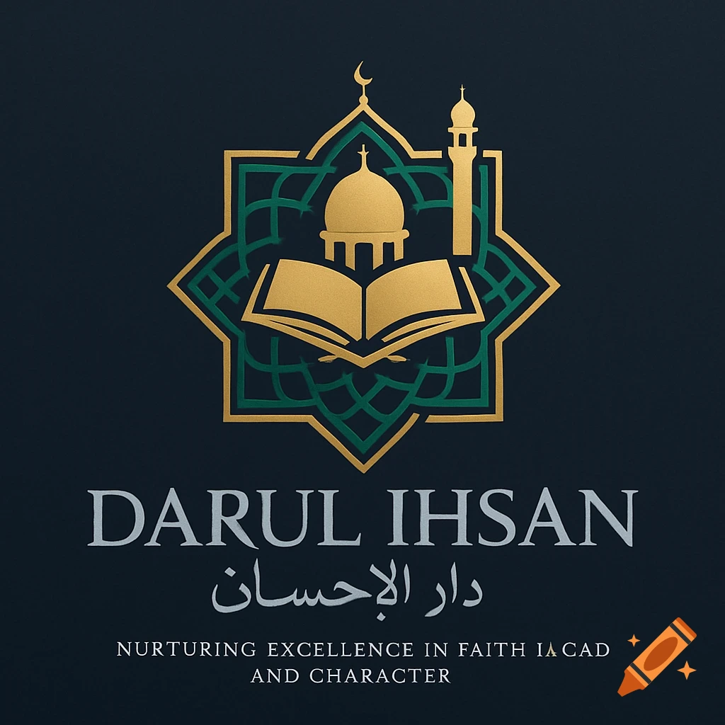 Gold and green Islamic logo with a mosque, open Quran, and geometric patterns. Text reads 'Darul Ihsan' in English and Arabic, and 'Nurturing Excellence in Faith and Character'.