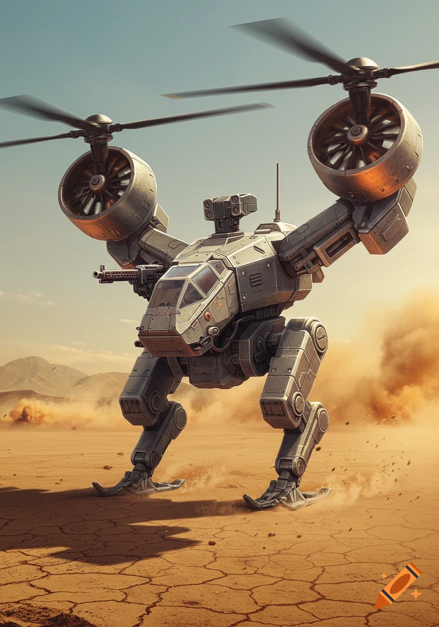 A powerful grey combat robot with large helicopter rotors on its back stands in a vast, dusty desert under a clear sky.