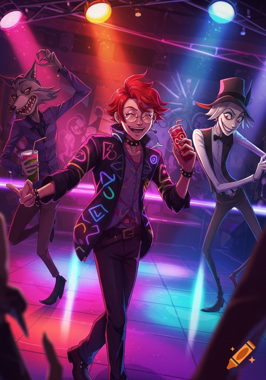 Three stylized characters, including a red-haired individual in a neon jacket, dance in a brightly lit club with a colorful light show.