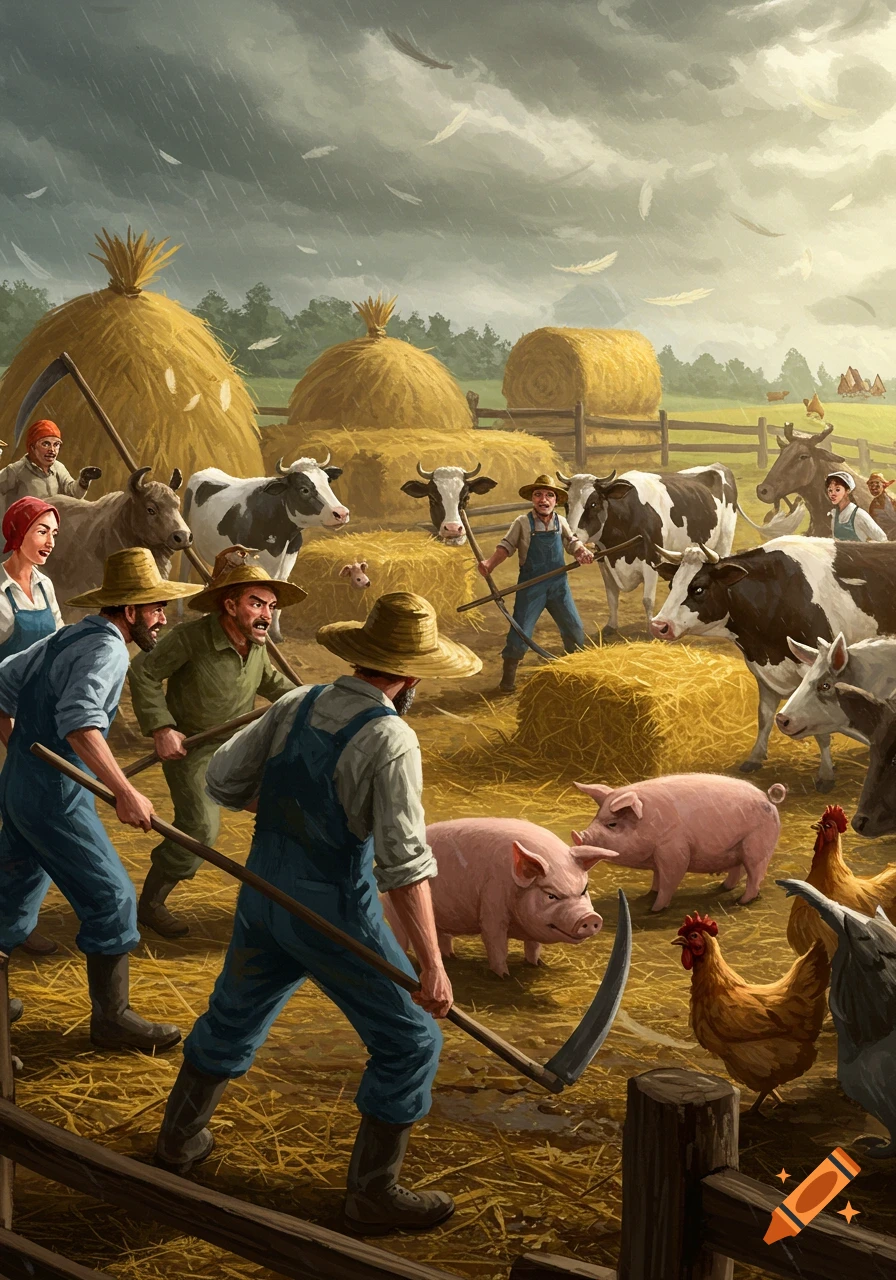 Stylized illustration of farmers with scythes and pitchforks facing off against pigs, cows, and chickens on a stormy farm with hay bales.