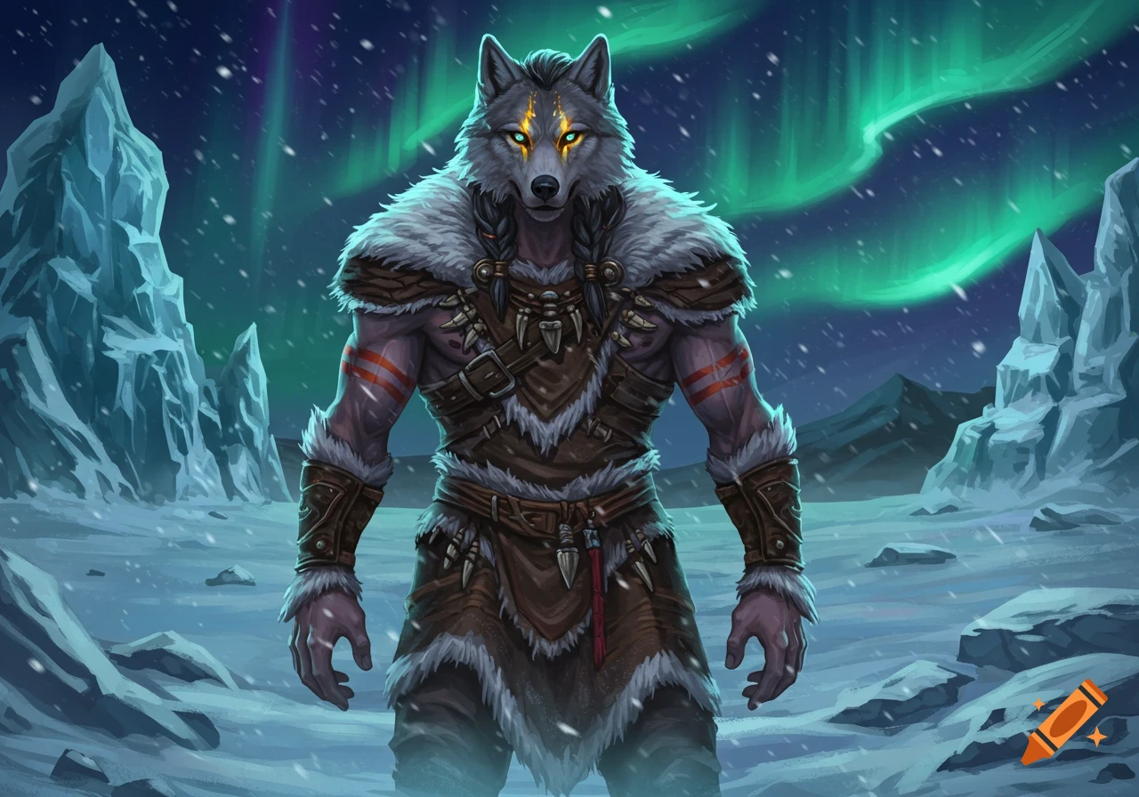 Powerful wolf-like creature in fur and leather stands in snowy arctic landscape under aurora borealis with glowing eyes.