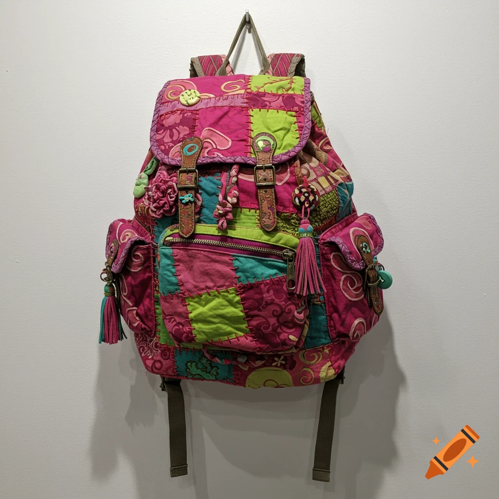 A vibrant pink and green patchwork bohemian backpack with tassels and buckles, hanging on a white wall.