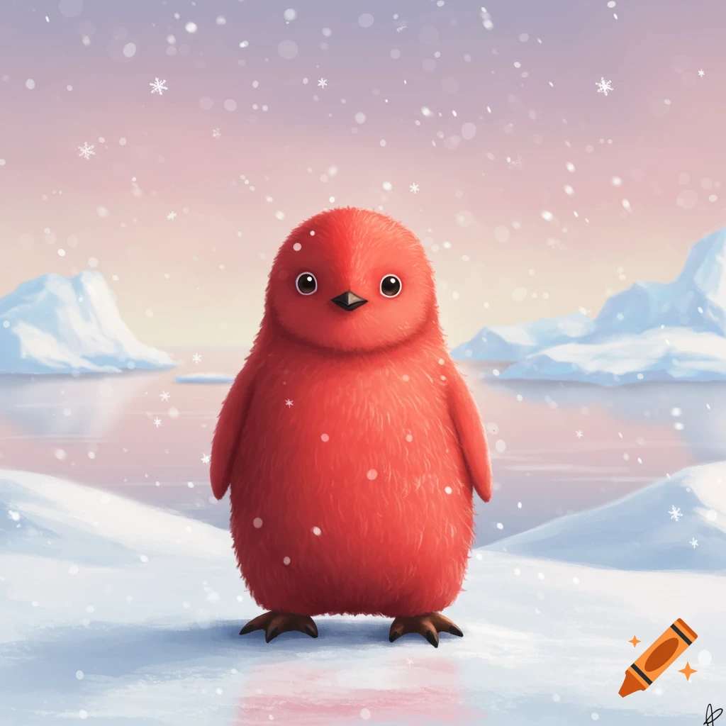 A cute, fluffy red penguin stands in a snowy arctic landscape with falling snowflakes and icebergs.