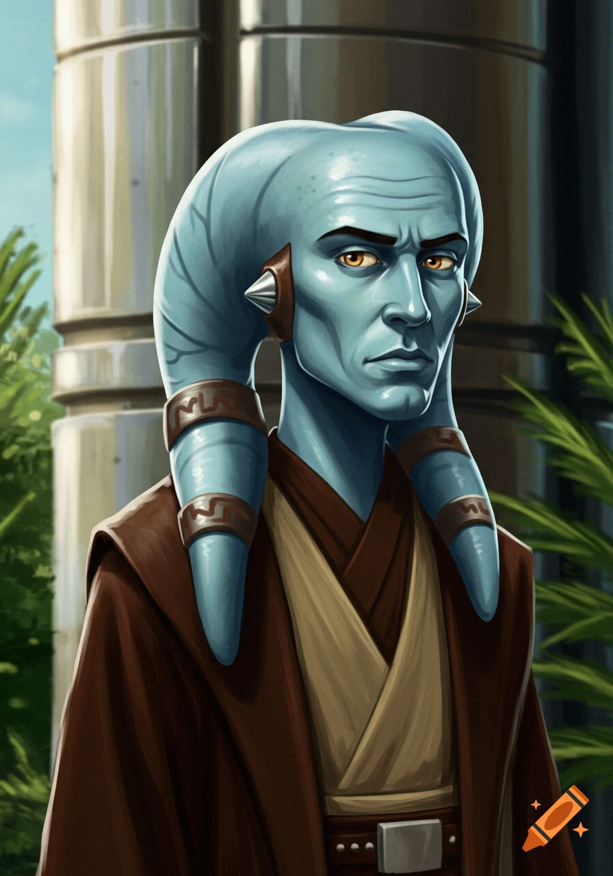 A blue-skinned Twi'lek character in brown Jedi robes with a serious expression, digitally painted.