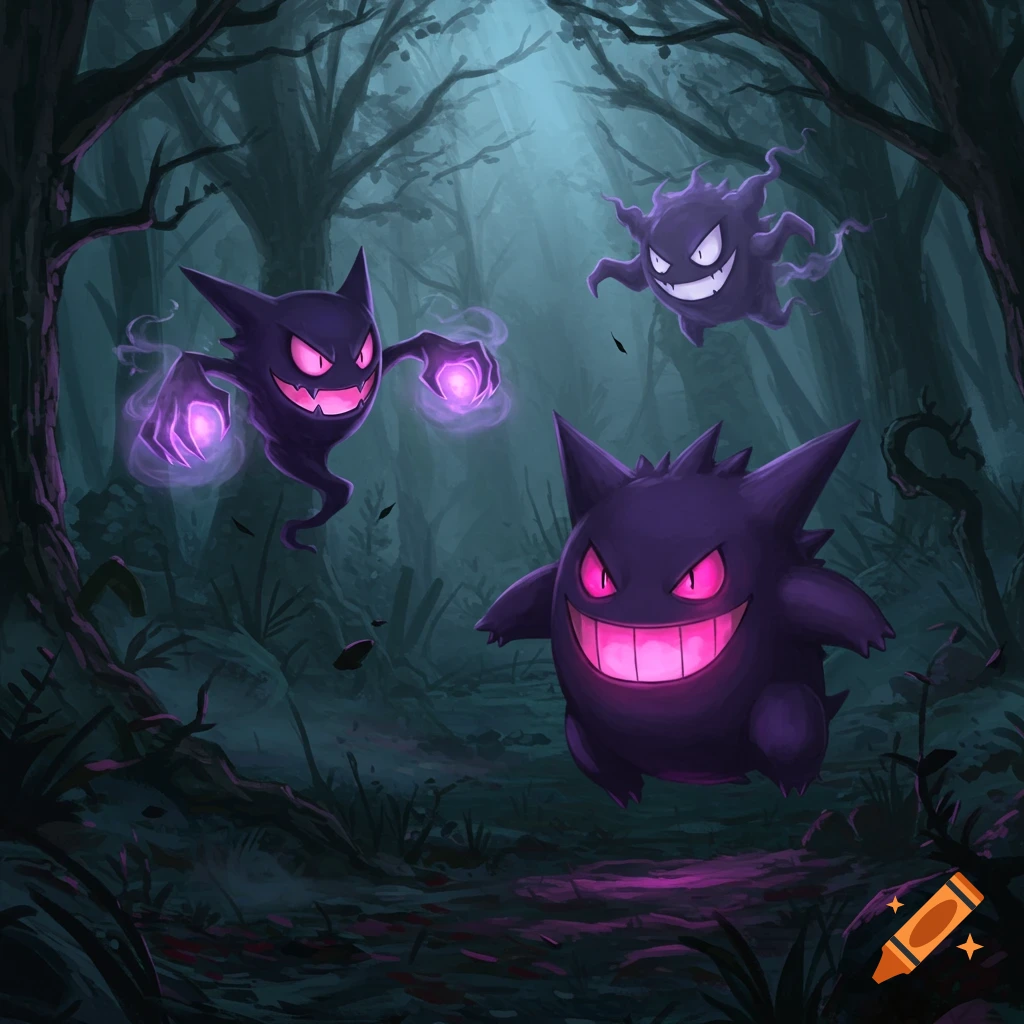 Haunter and Gastly, with glowing purple features, float in a dark, eerie forest with Gengar in the foreground, illuminated by a pale light from above.