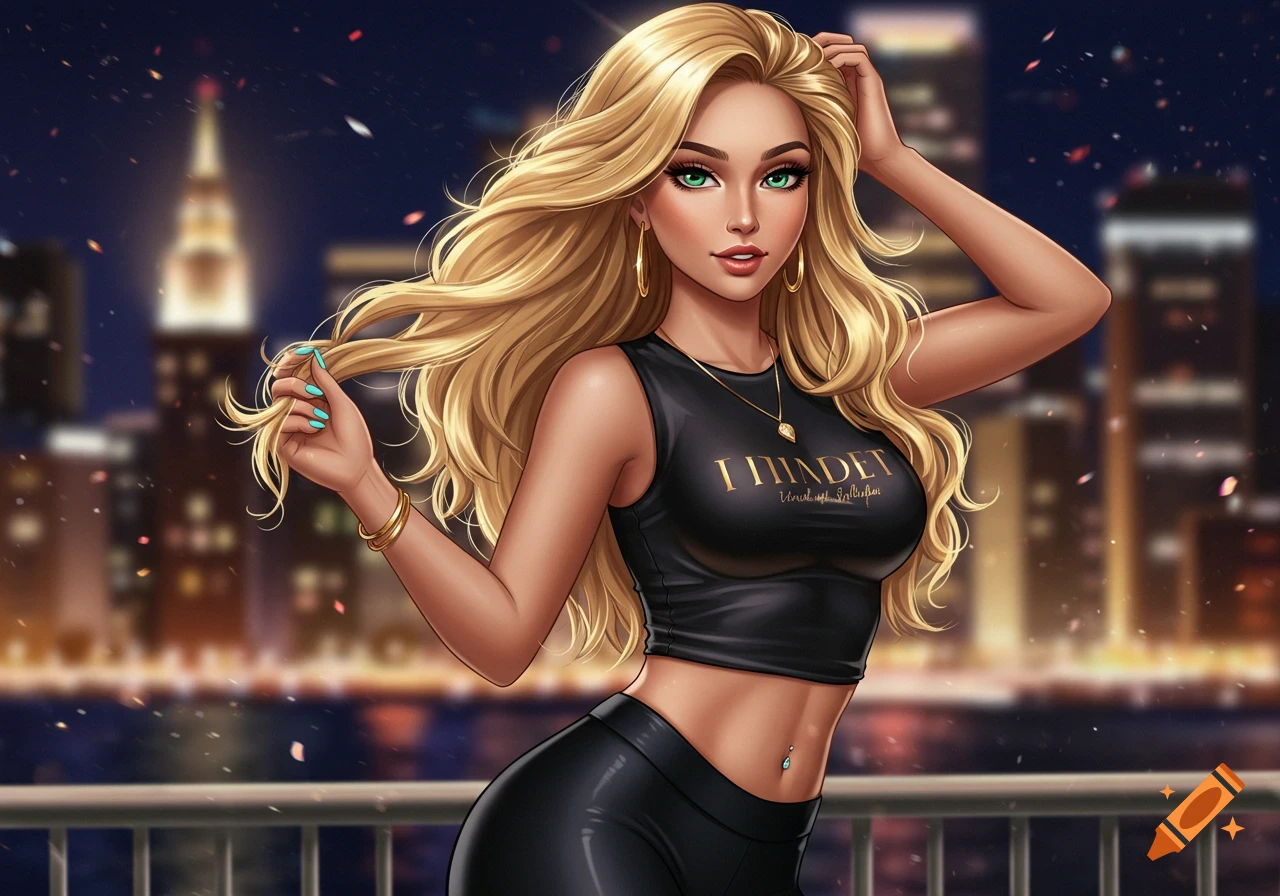 Anime-style woman with blonde hair, green eyes, black crop top, and leggings, on a balcony overlooking a city skyline at night.