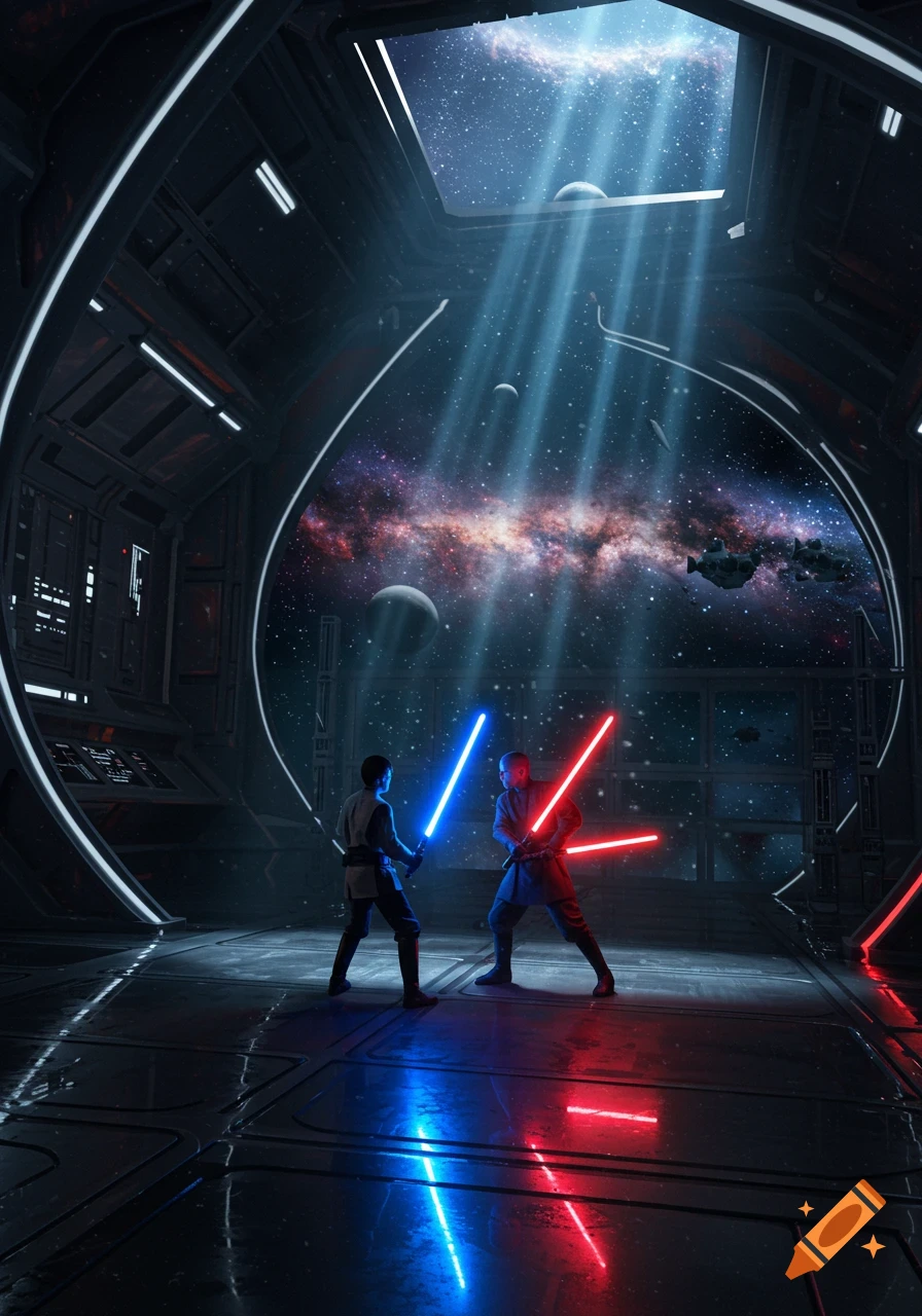 Two figures with blue and red lightsabers duel in a futuristic spaceship bay, with a view of a galaxy and planets through a large window.