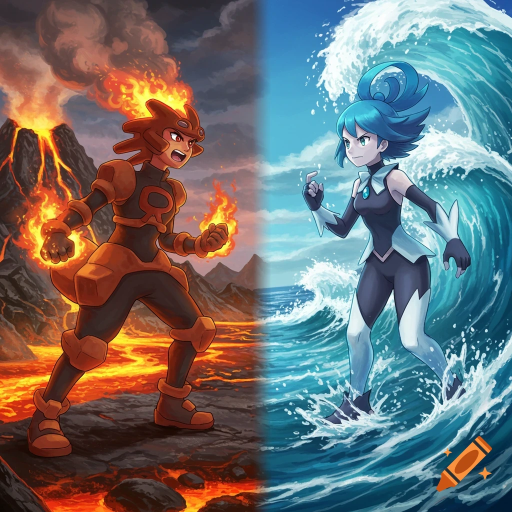 Two anime-style characters, one fire-themed on lava terrain and one water-themed in crashing waves, face each other.