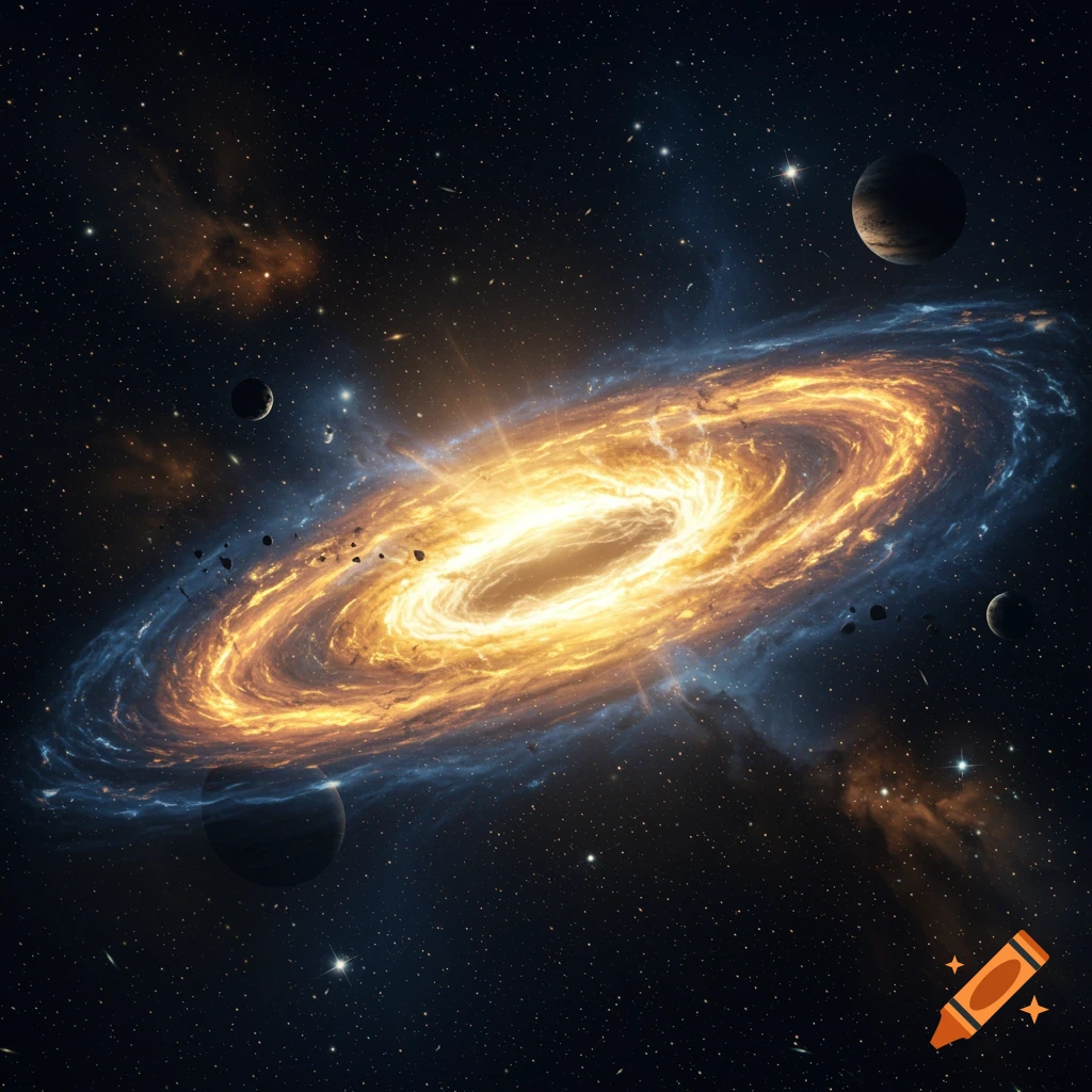 A vibrant spiral galaxy with a bright golden core and blue-tinged arms, surrounded by planets and stars in deep space.
