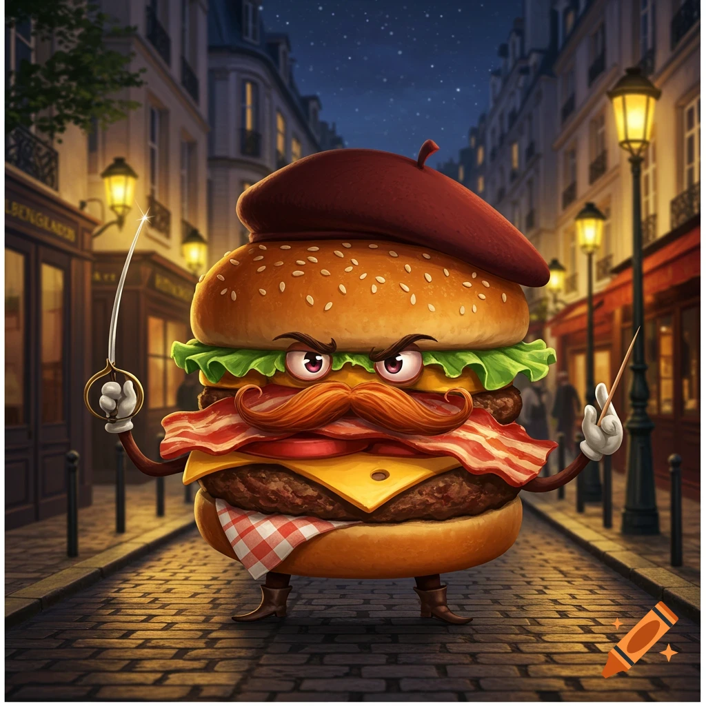 Cartoon French hamburger character with a beret and mustache, holding a sword and a pointing stick, on a cobbled Parisian street at night.