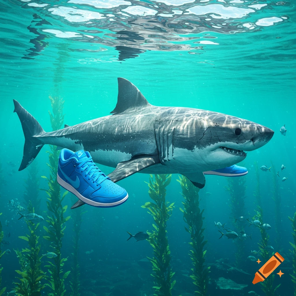 A photorealistic great white shark swims underwater, wearing bright blue Nike shoes on its fins, surrounded by kelp and small fish.
