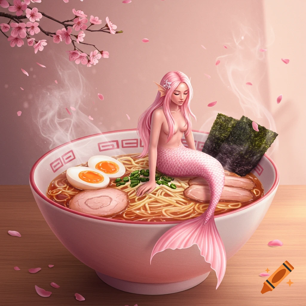 A pink-haired mermaid with a pink tail sits in a large ramen bowl with noodles, eggs, pork, and seaweed, under cherry blossoms with falling petals.