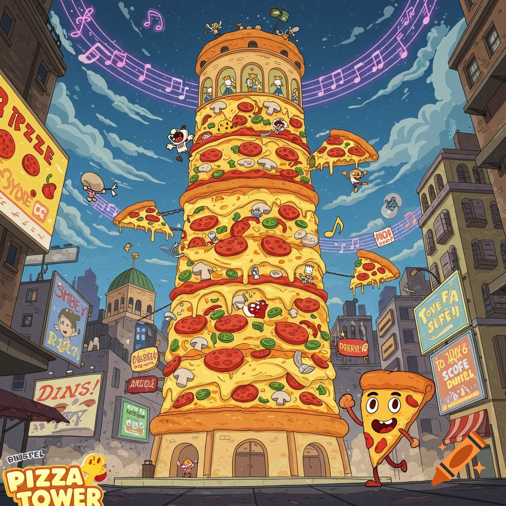 A whimsical cartoon city with a towering skyscraper made of stacked pizza slices, topped with a belfry. Anthropomorphic pizza slices and small figures are around the tower, with music notes floating in the sky. A smiling pizza slice character walks in the foreground.