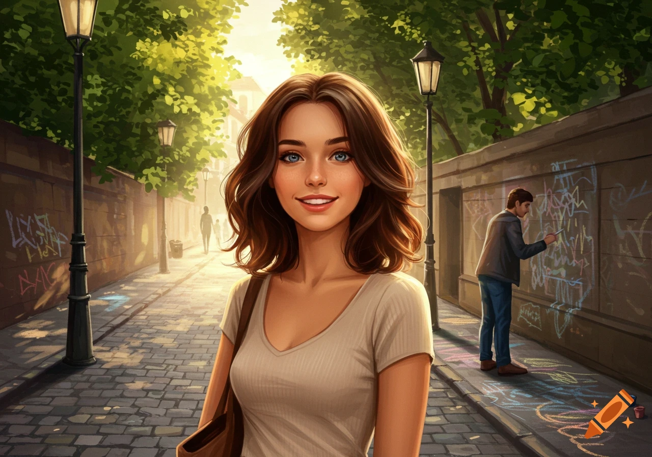 A stylized illustration of a smiling woman with brunette hair and blue eyes walking on a cobblestone street with a man drawing on a wall in the background, bathed in sunlight.