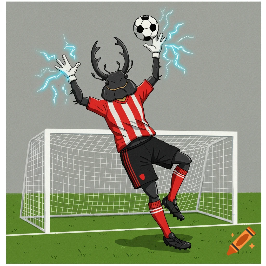 Illustrated humanoid beetle goalkeeper with red and white striped jersey jump-saving a soccer ball, with lightning from hands in front of a goal.