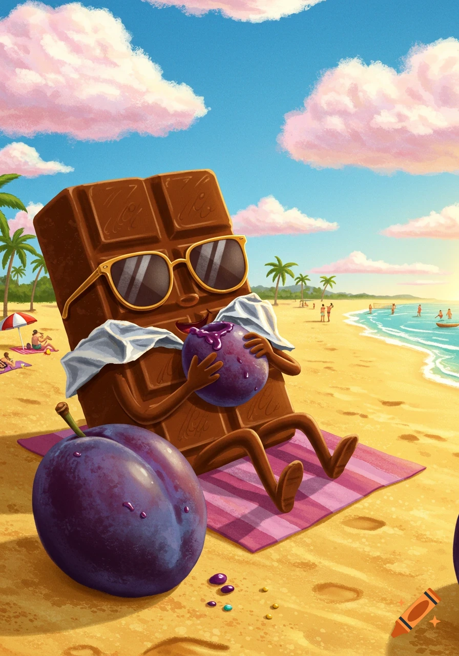 Cartoon chocolate bar with sunglasses relaxing on a beach towel, holding a plum, with a large plum in the foreground.