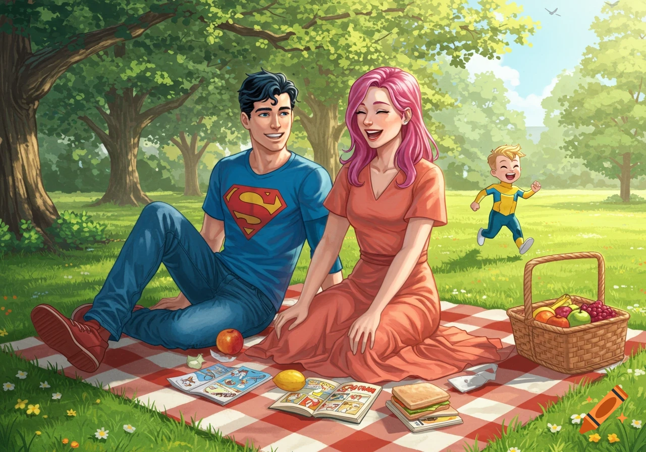 Superboy and Atom Eve, in civilian clothes, have a picnic with their young son in a sunny park with green trees. They sit on a red and white checkered blanket with a picnic basket, comic books, and food. Their son runs happily in the background.