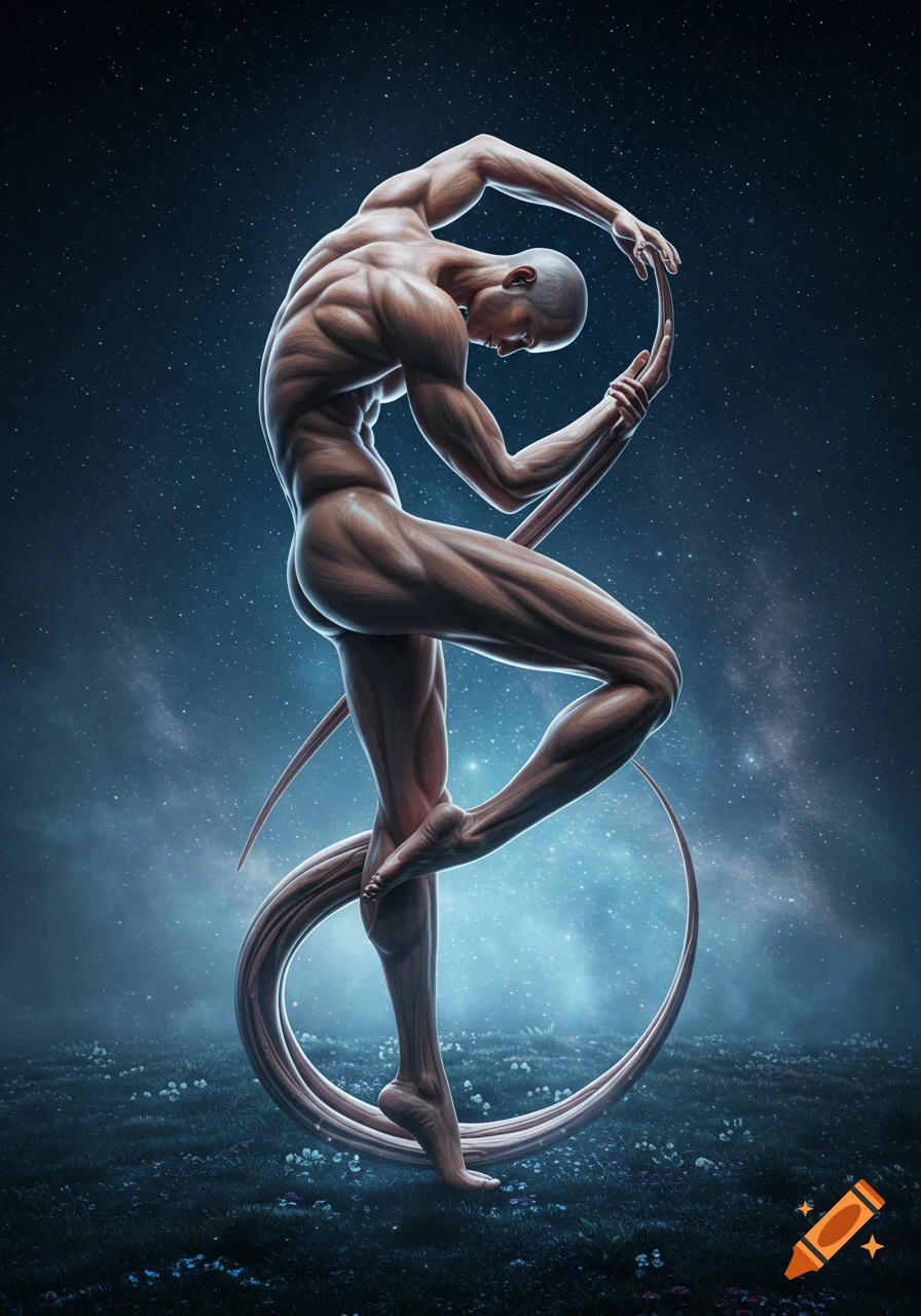 A muscular, nude male figure contorted into an 'S' shape, standing on a grassy field under a starry night sky.