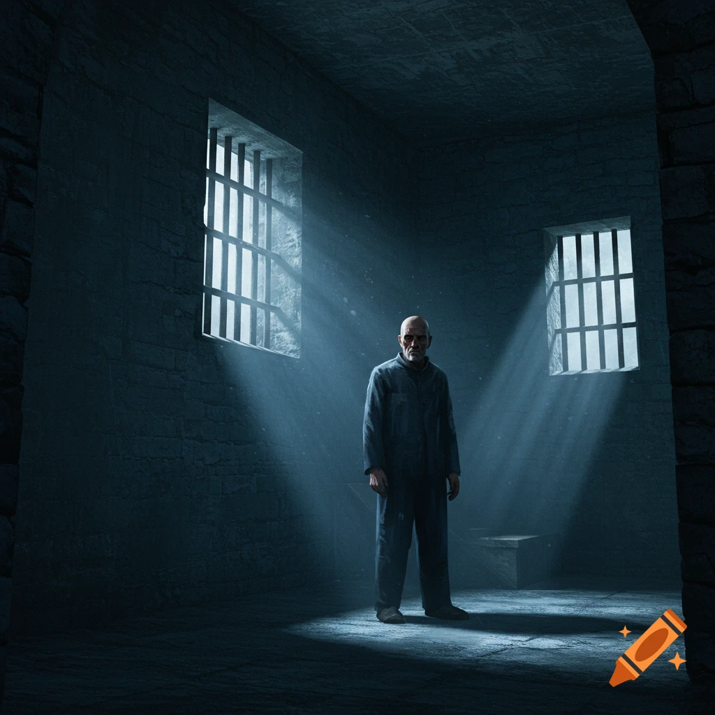 A bald man, appearing as a prisoner, stands in a dark, stone prison cell with light rays streaming through barred windows.