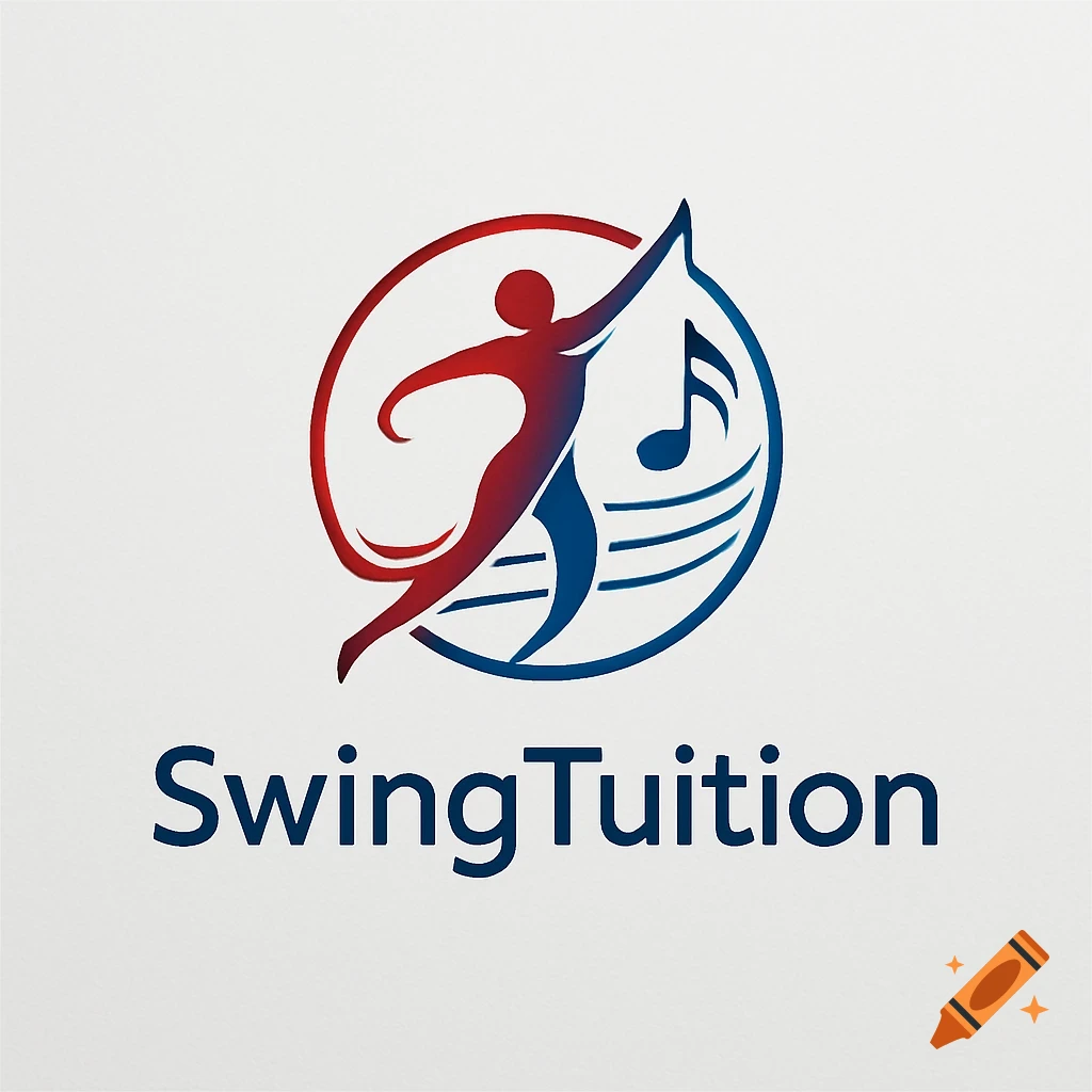 A logo featuring a red and blue silhouette of a dancer within a circle, next to musical notes and staff lines. Below it, the text "SwingTuition".