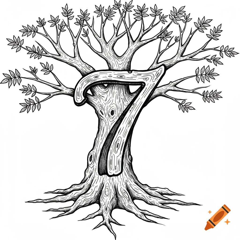 Black and white illustration of an ash tree with the number 7 carved into its trunk, in a tattoo art style.