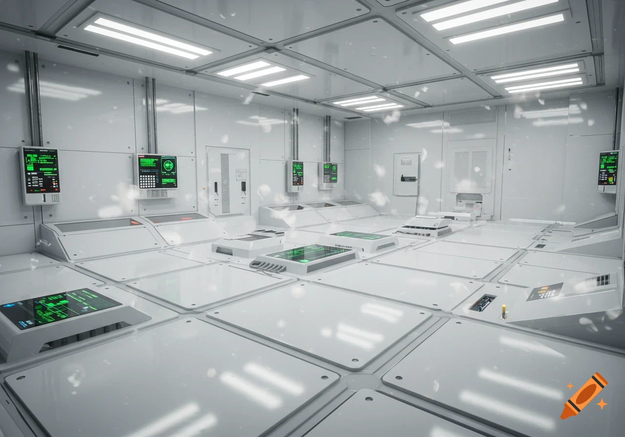 A futuristic, sterile, white clean room with multiple green glowing monitors and control panels.