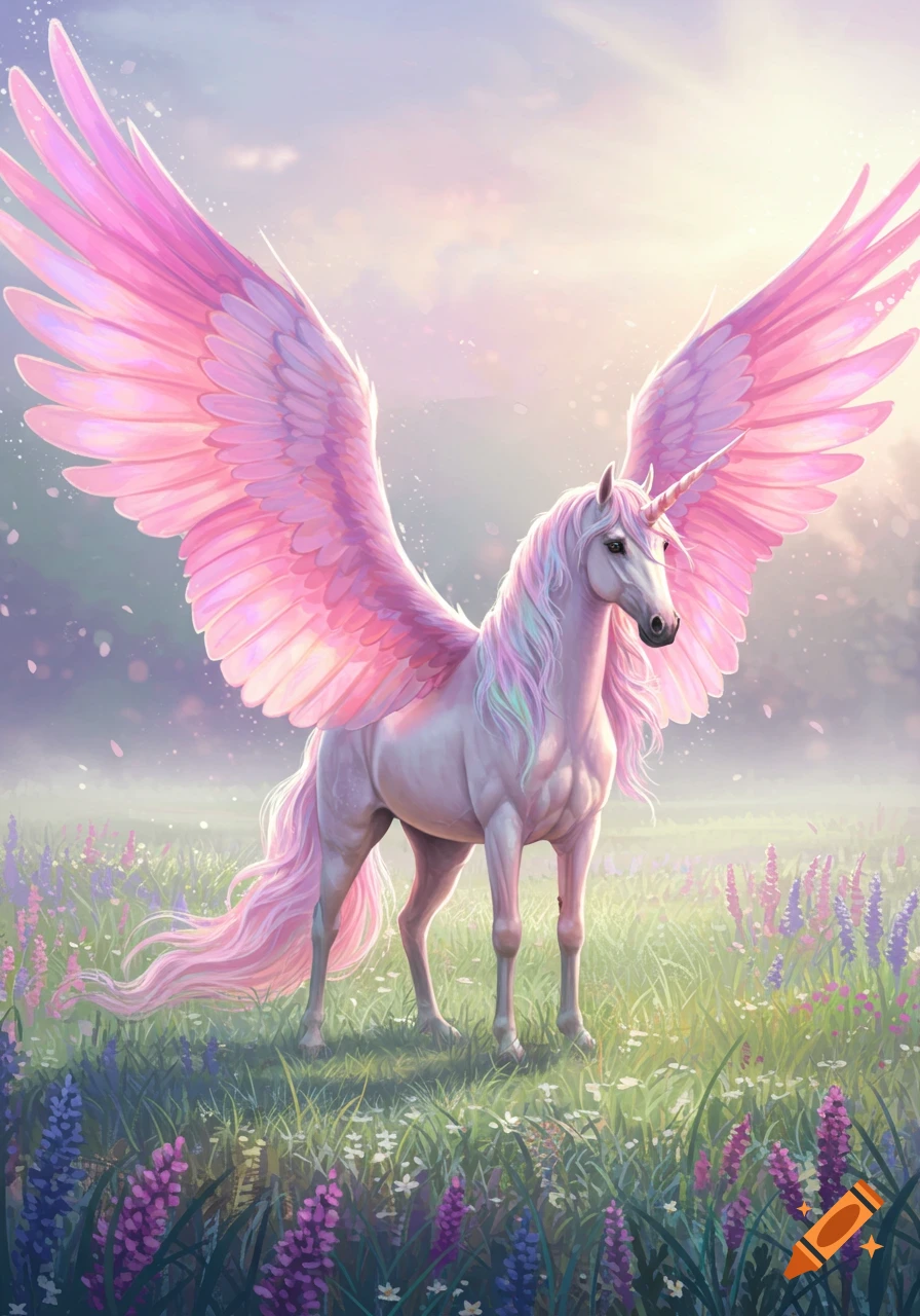 A majestic unicorn with vibrant pink wings stands in a sunlit field of purple flowers, in a fantasy art style.