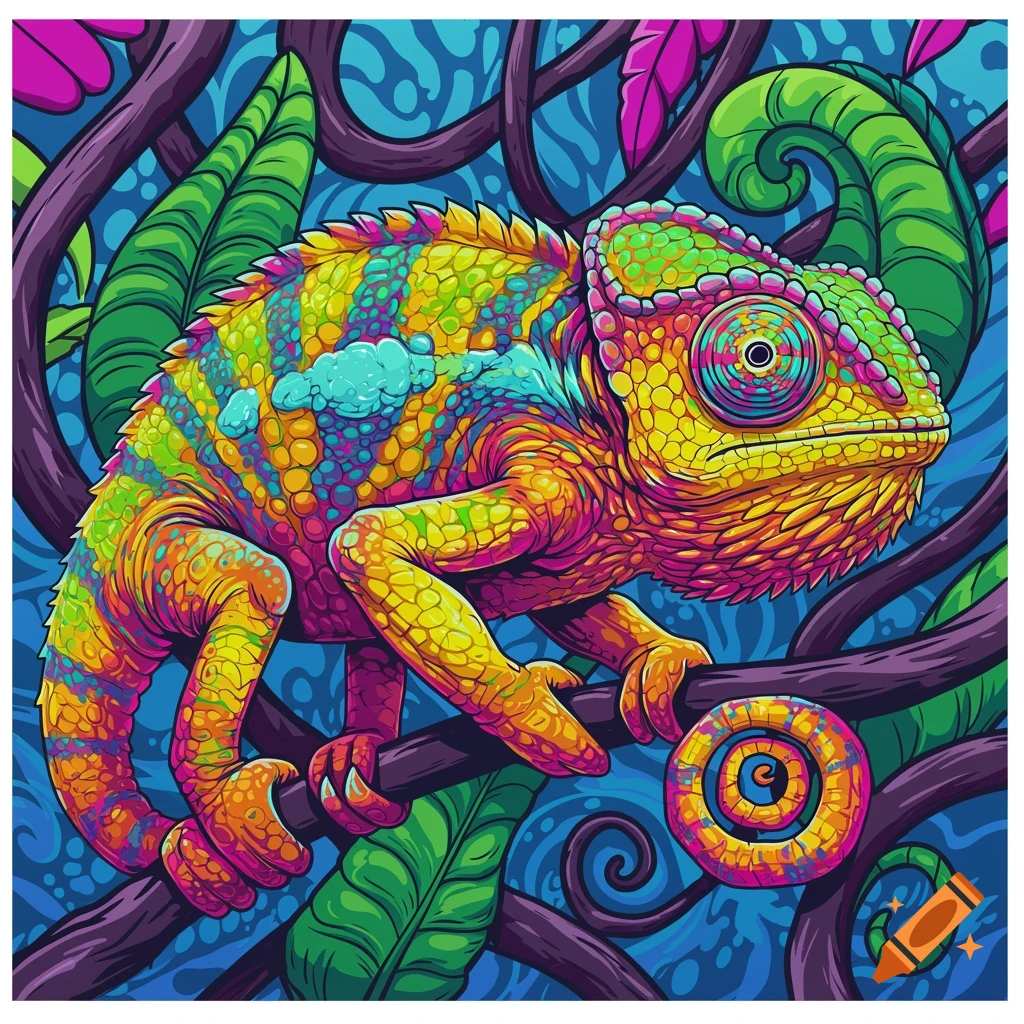 A vibrant, psychedelic vector art chameleon with neon colors on a branch surrounded by abstract leaves.