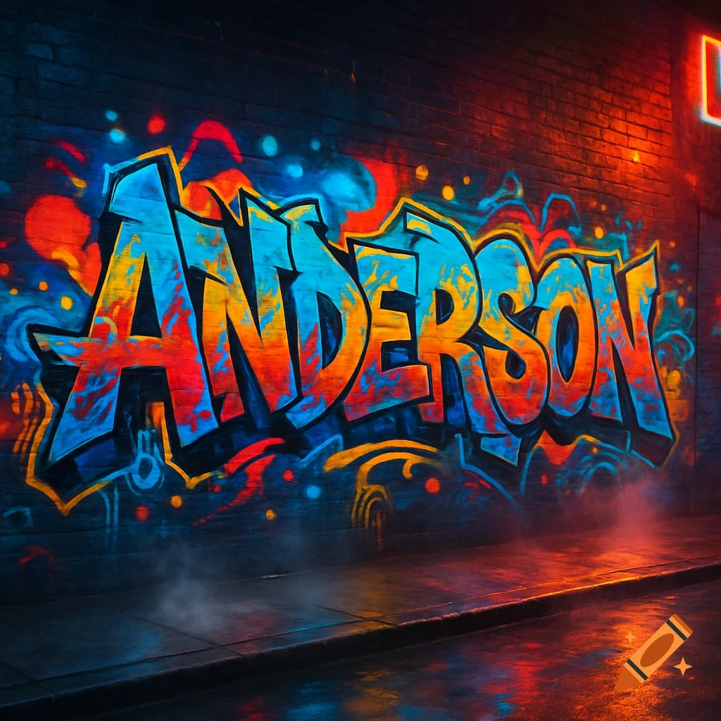 Colorful graffiti art spelling 'Anderson' on a dark brick wall with reflections on the wet ground.