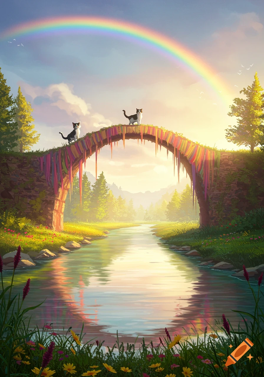 Two black and white cats stand on a colorful bridge over a serene river under a rainbow in a bright, lush landscape.