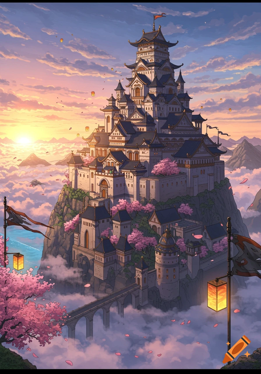 An anime-style fantasy castle on a mountain peak surrounded by clouds and cherry blossoms at sunset.