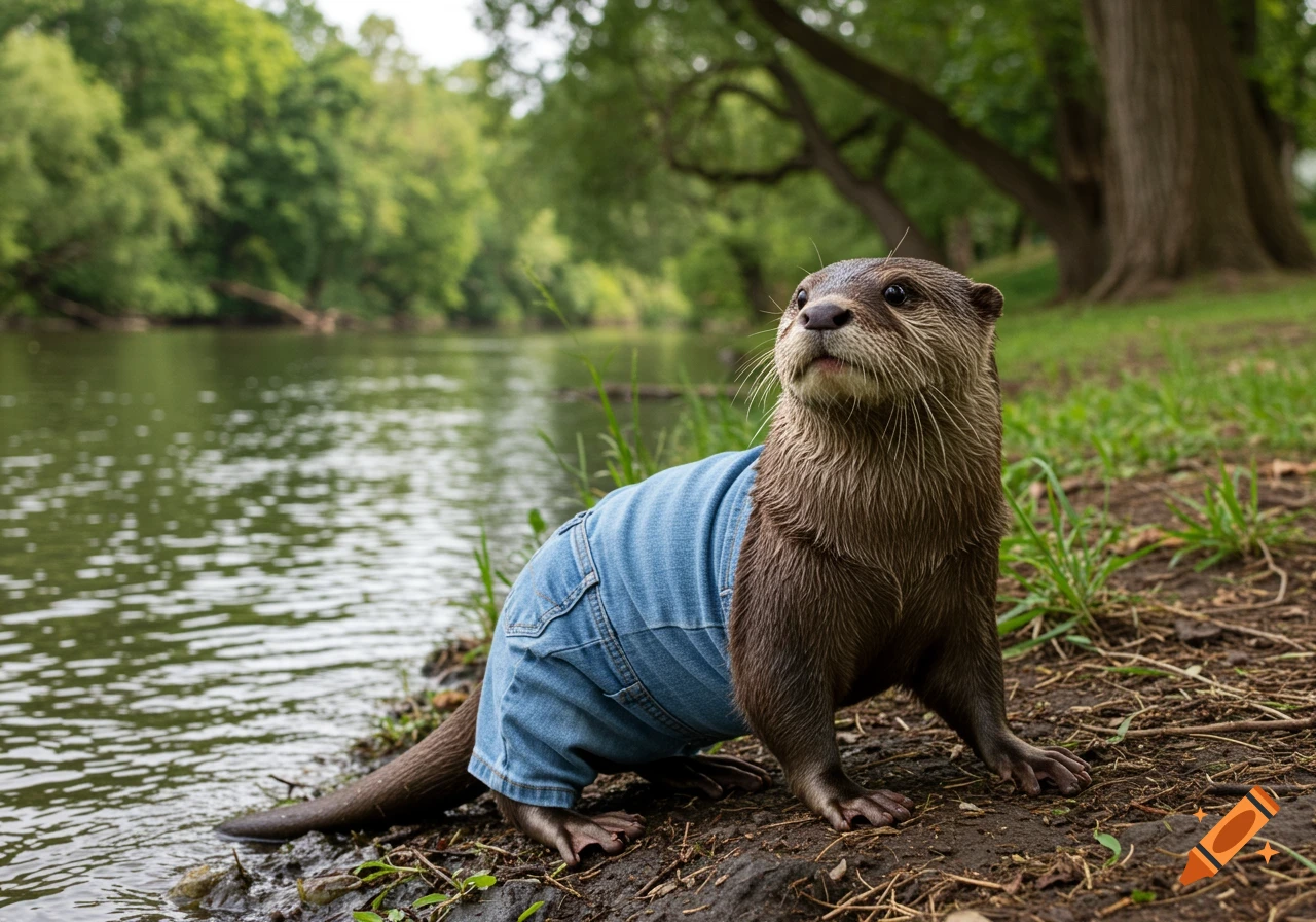 A photorealistic otter wearing blue jeans stands on the riverbank looking up, with trees and water in the background.