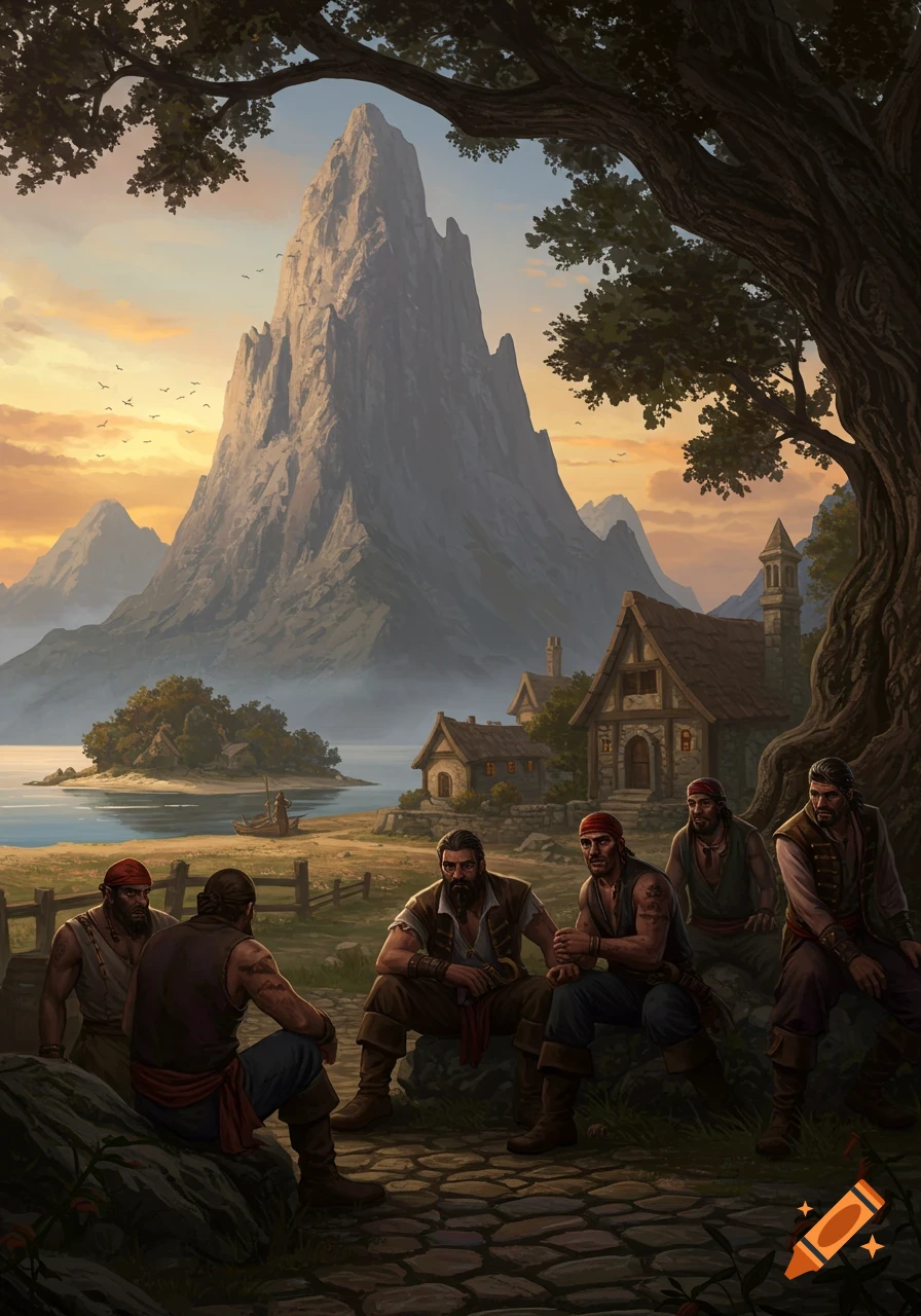 A group of pirates gathered on a cobbled path in a village, with a large mountain and lake in the background at sunset.